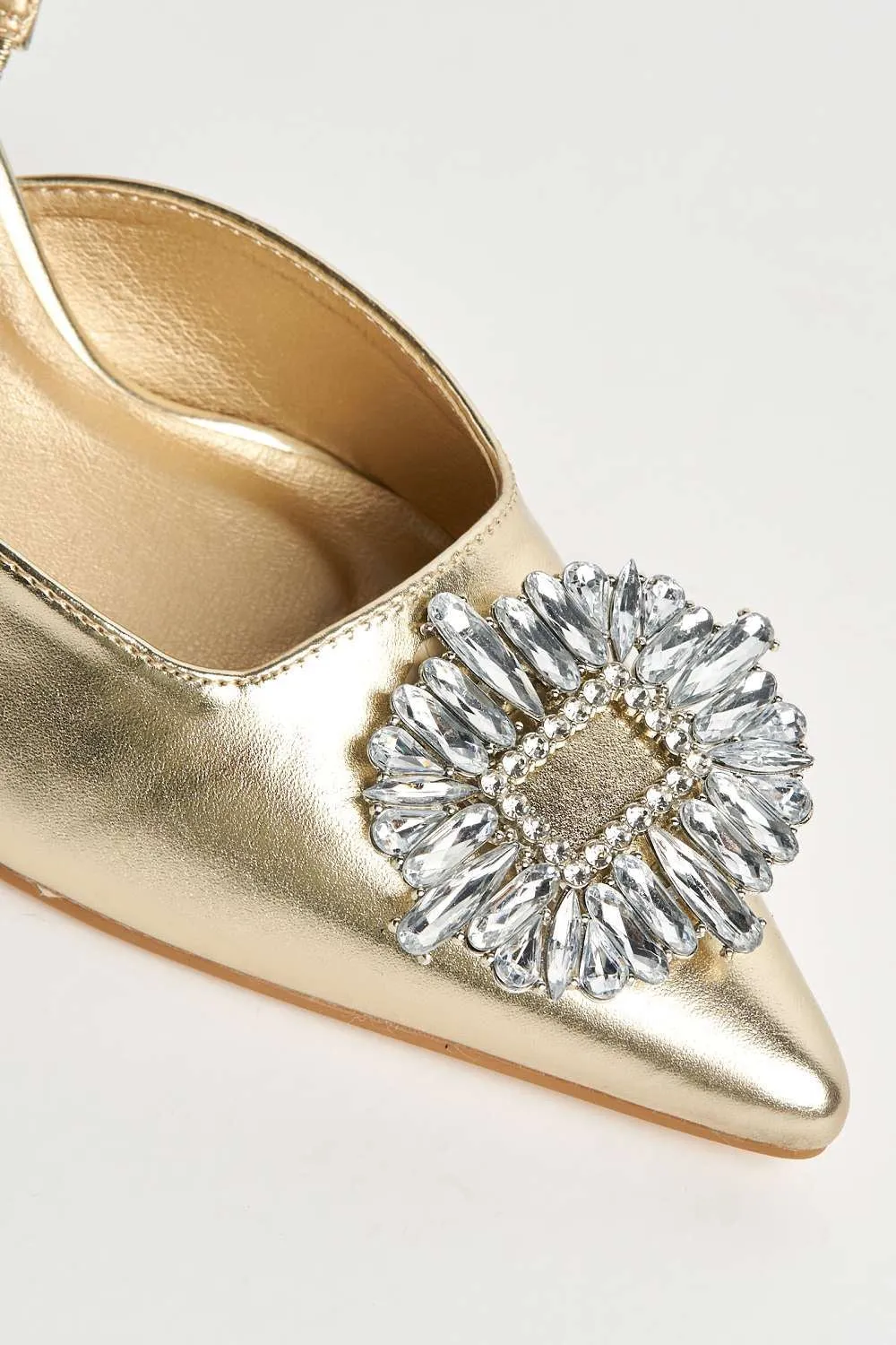 Amira Diamante Brooch Sling Back Court Shoes in Gold