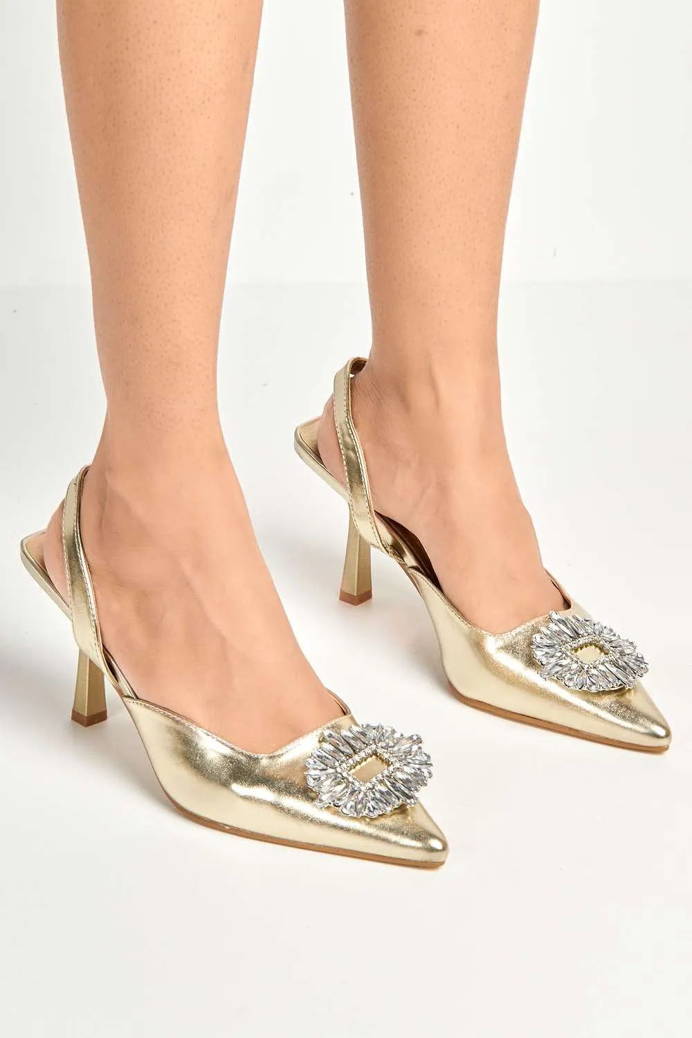 Amira Diamante Brooch Sling Back Court Shoes in Gold