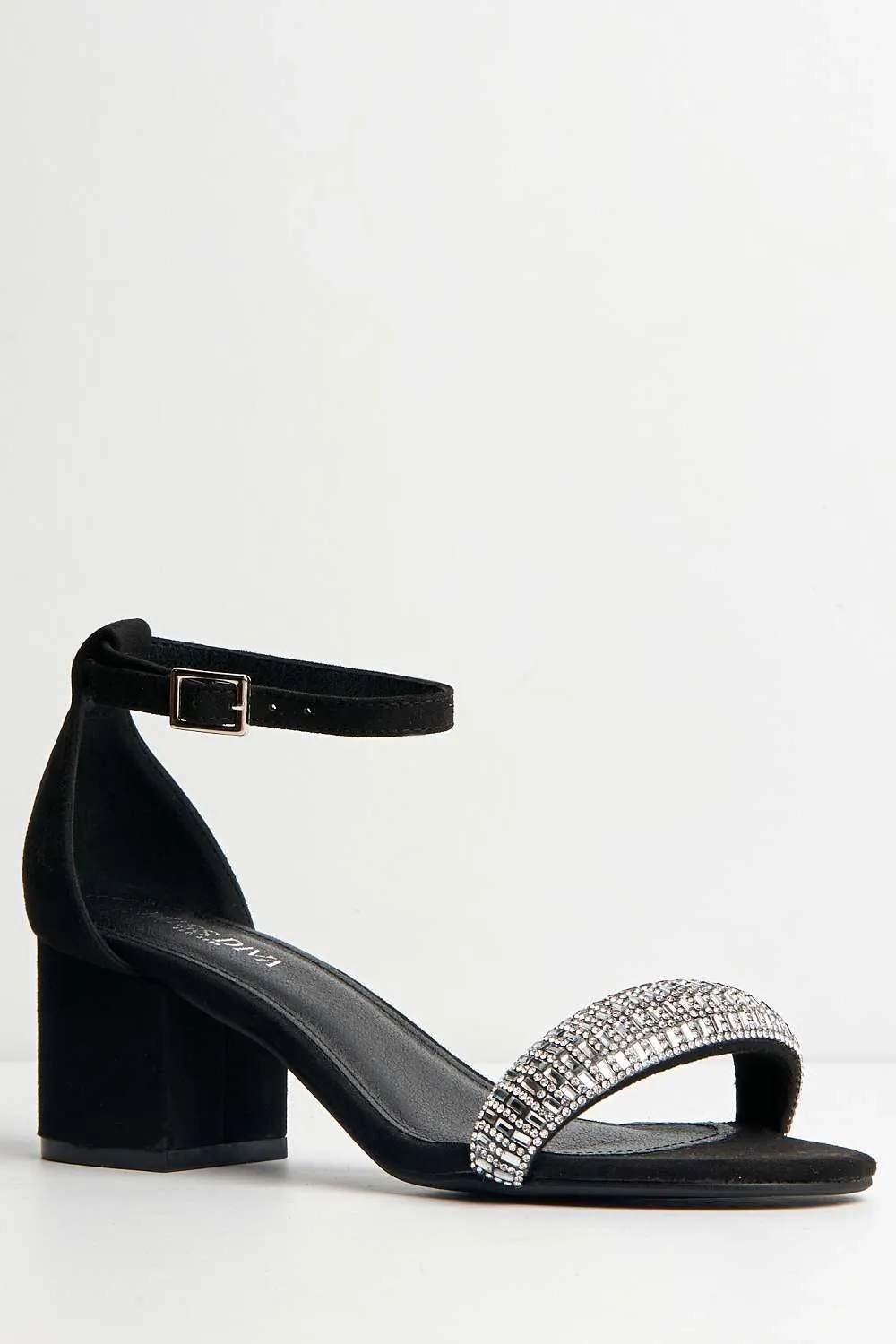 Ashley Low Block Heel Diamante Sandal in Black Suede