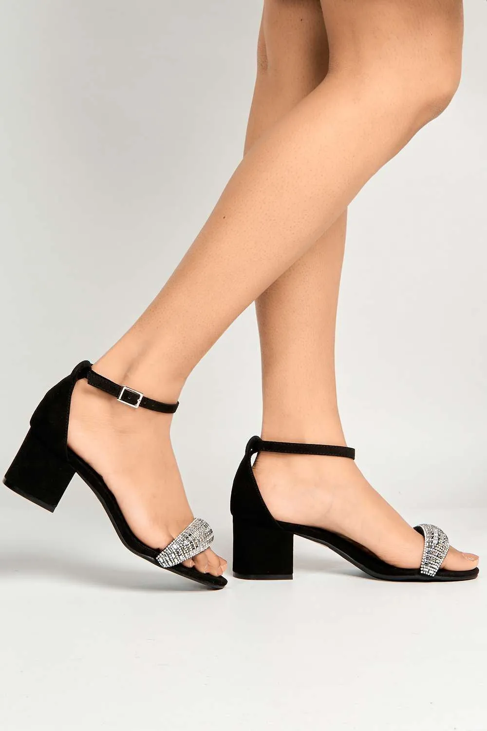 Ashley Low Block Heel Diamante Sandal in Black Suede