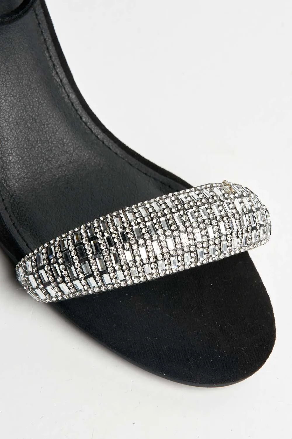 Ashley Low Block Heel Diamante Sandal in Black Suede