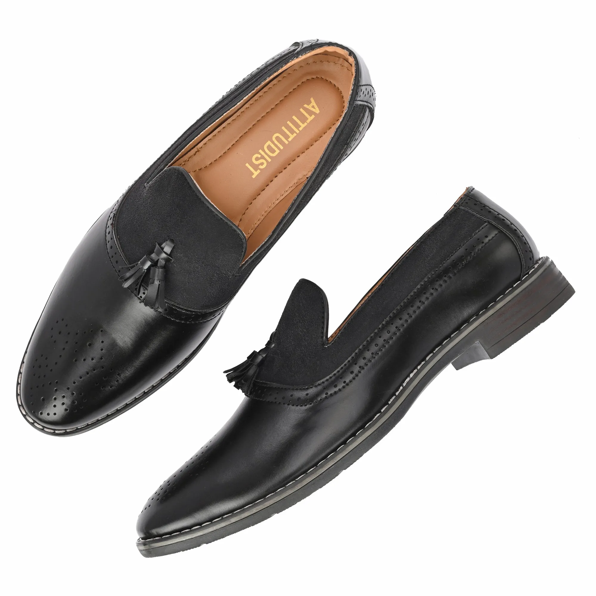 Attitudist Unisex Handcrafted Black Tassel Loafer With Knotted Laces In Moccassin Style