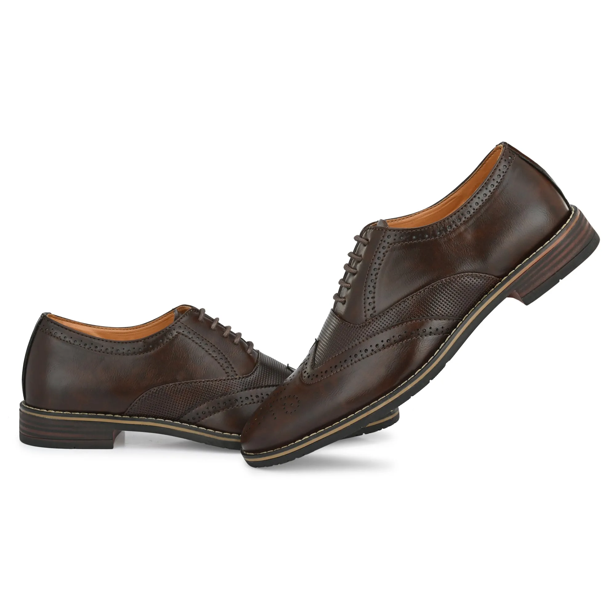 Attitudist Unisex Handcrafted Brown Formal Lace-up Derby Shoes Full Brouges With Wingtips