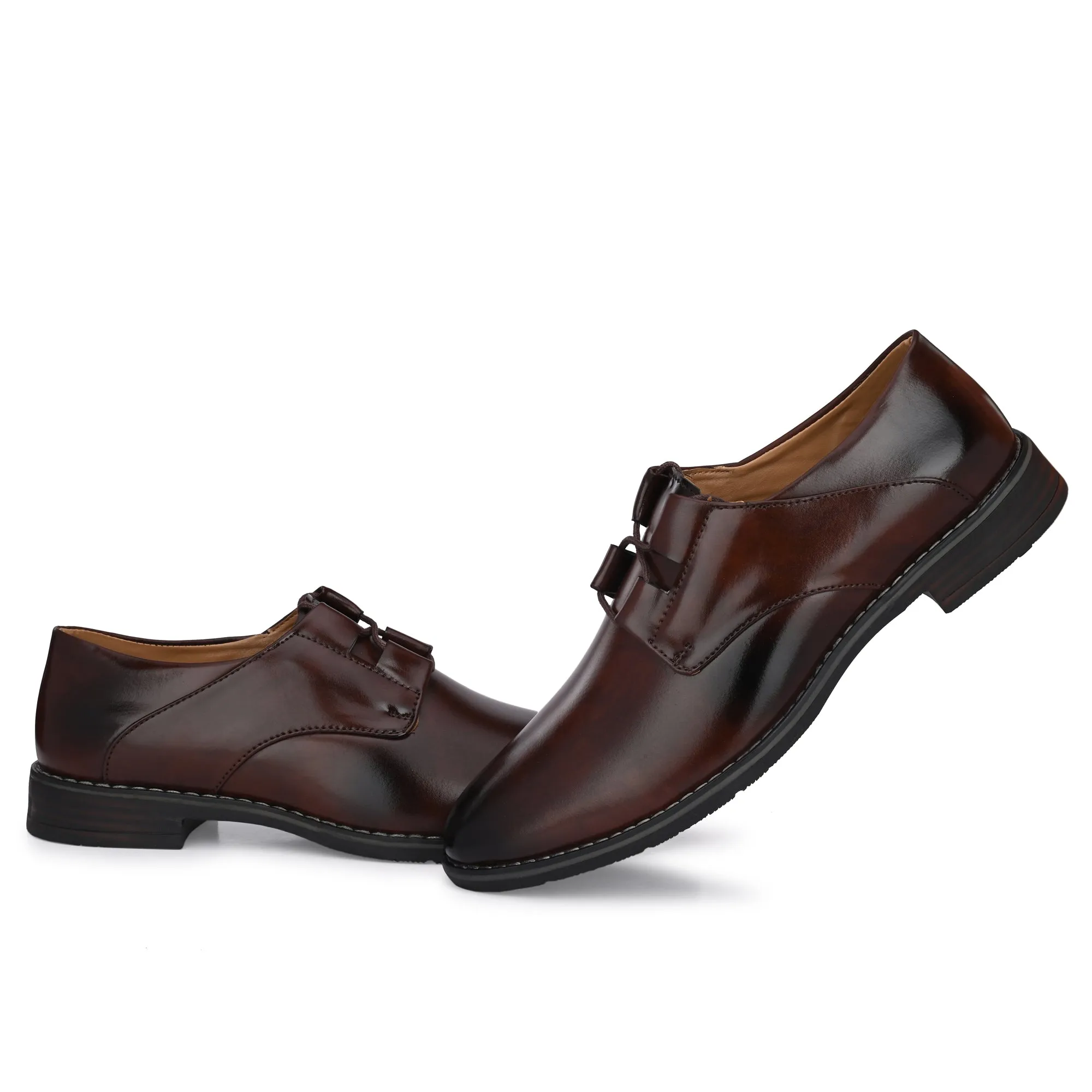 Attitudist Unisex Handcrafted Derby Glossy Brown Lace-up Shoes With Criss Cross Lacing