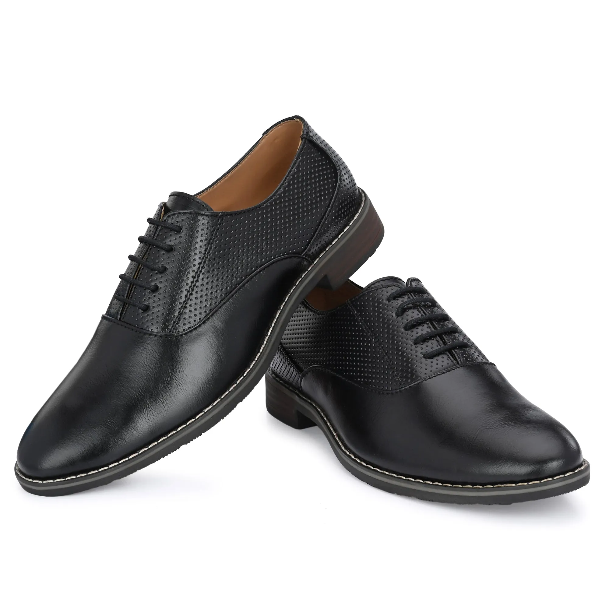 Attitudist Unisex Handcrafted Oxford Black Formal Laceup Derby Shoes With Dotted Texture