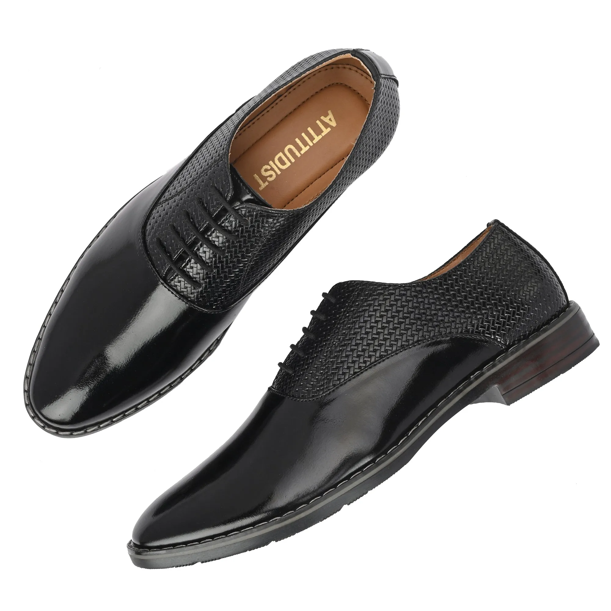 Attitudist Unisex Handcrafted Oxford Glossy Black Laceup Derby Shoes With Semi Chatai Design