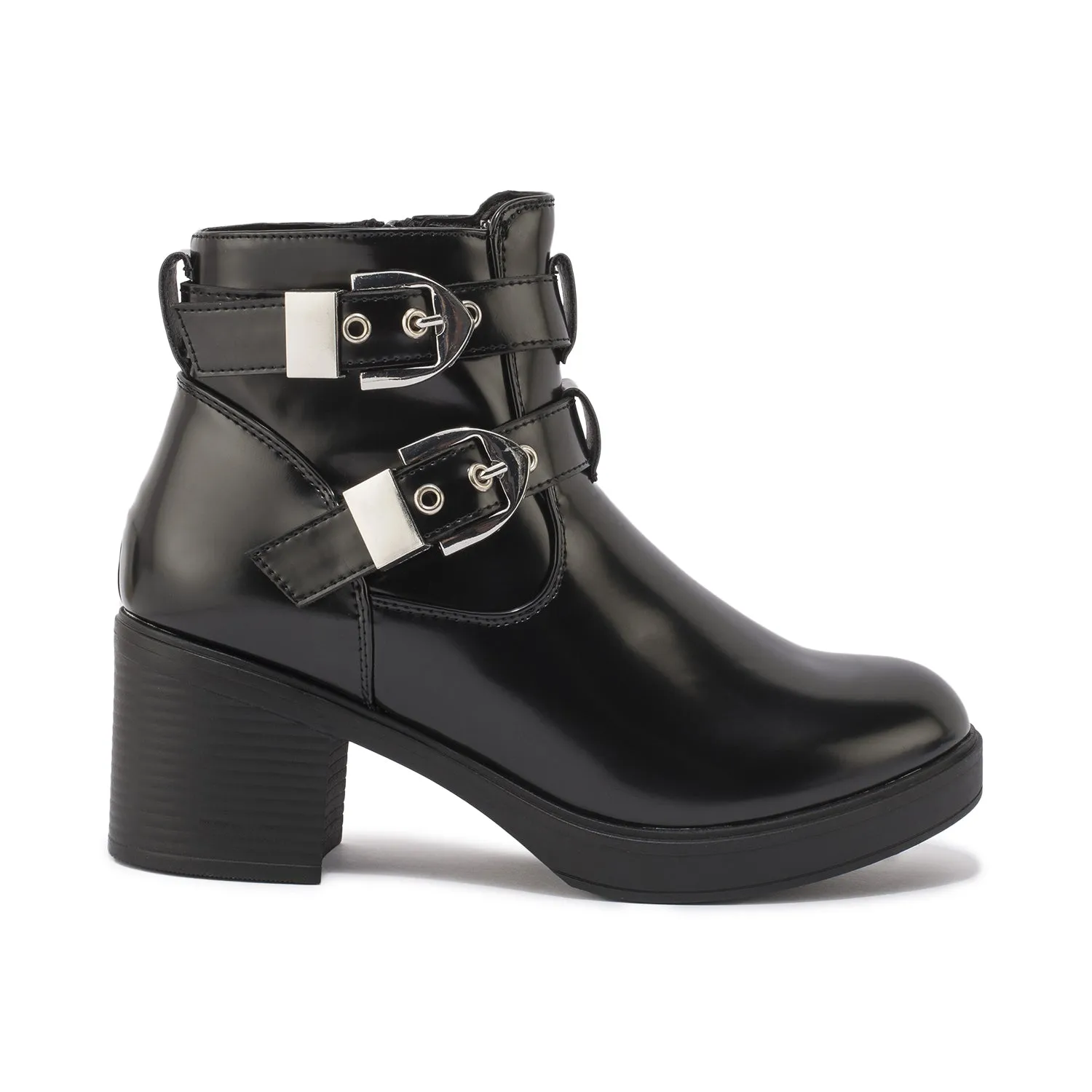 Black Chunk Buckle Detail Ankle Boot