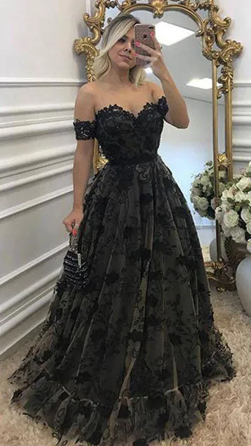 Black lace long prom dress, black lace evening dress