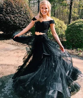 Black lace tulle two pieces long prom dress, black evening dress