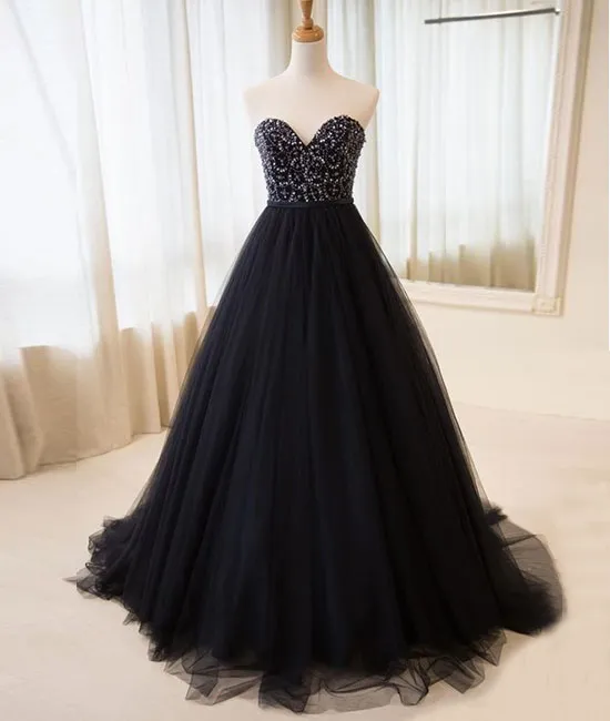 Black tulle sweetheart neck long prom dress, black evening dress