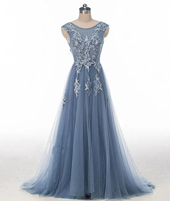 Blue round neck tulle lace applique long prom dress, blue evening dress