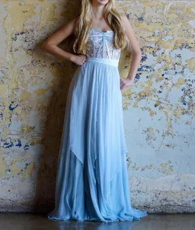 Blue sweetheart neck chiffon lace long prom dress, blue evening dress