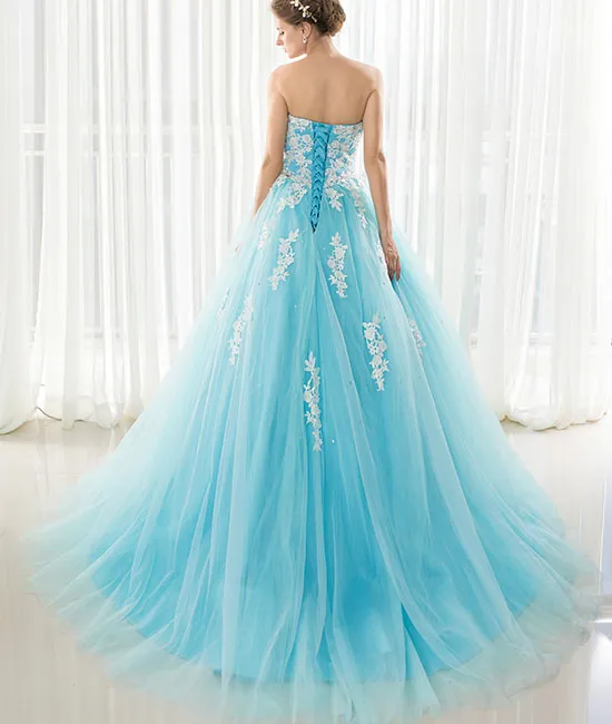 Blue sweetheart neck lace applique tulle long prom dress