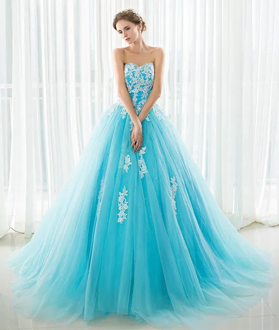 Blue sweetheart neck lace applique tulle long prom dress