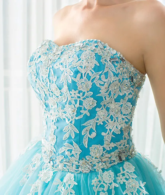 Blue sweetheart neck lace applique tulle long prom dress