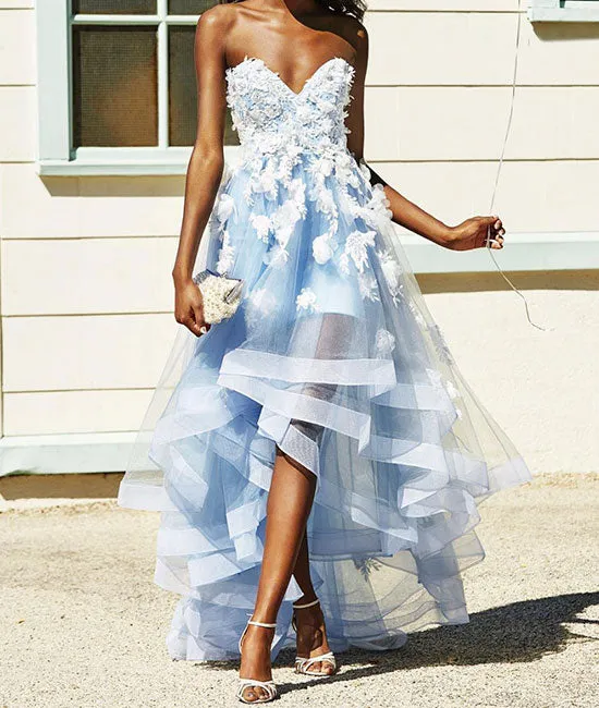 Blue sweetheart neck lace tulle prom dress, evening dress