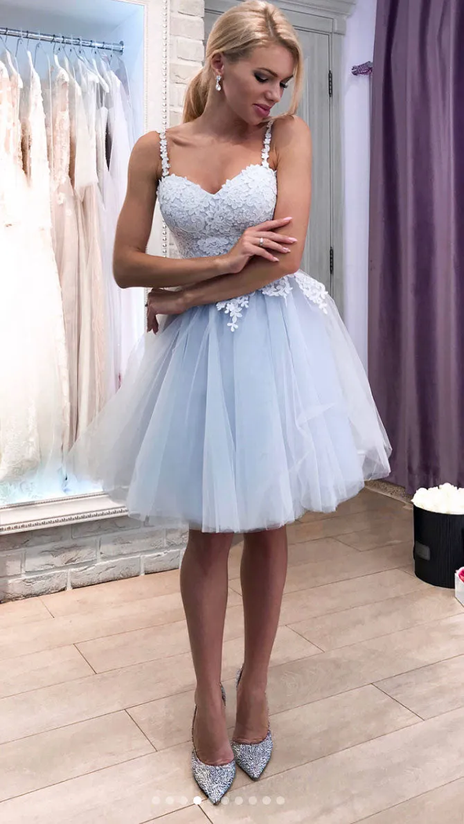 Blue tulle sweetheart neck lace short prom dress, blue evening dress