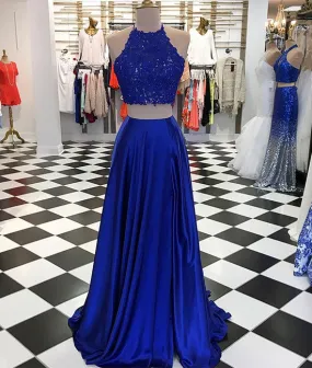 Blue two pieces long prom dress, blue evening dresses