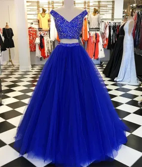 Blue v neck tulle beads two pieces long prom dress, blue evening dress