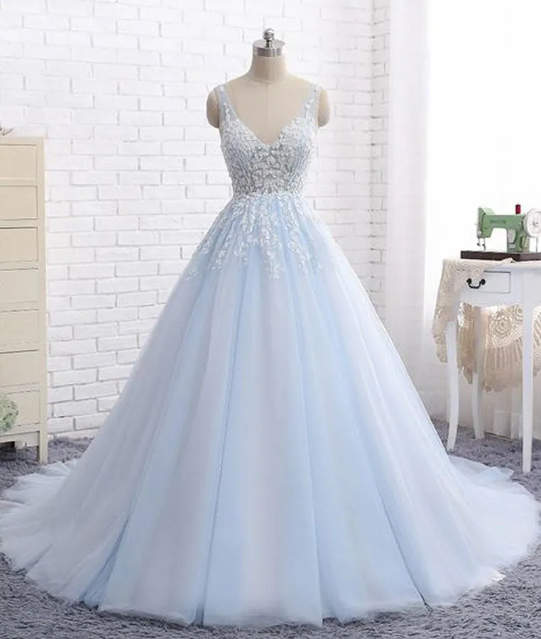 Blue v neck tulle lace long prom dress, blue evening dress