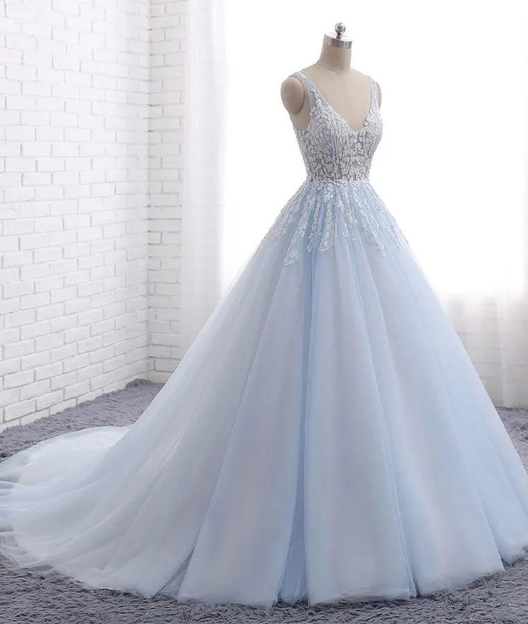 Blue v neck tulle lace long prom dress, blue evening dress