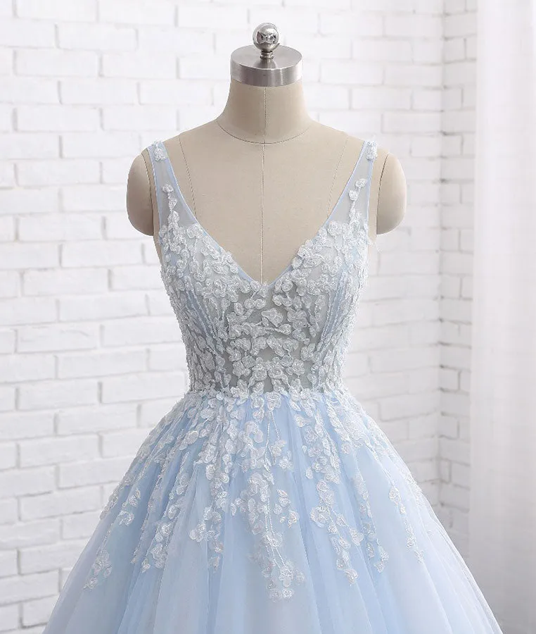 Blue v neck tulle lace long prom dress, blue evening dress