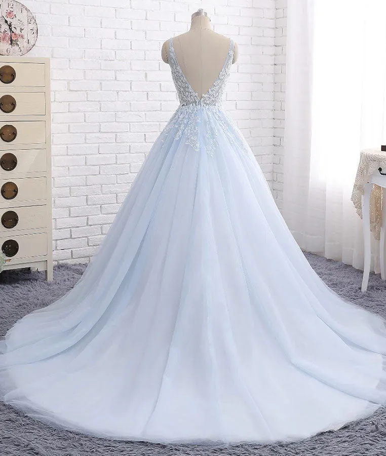 Blue v neck tulle lace long prom dress, blue evening dress