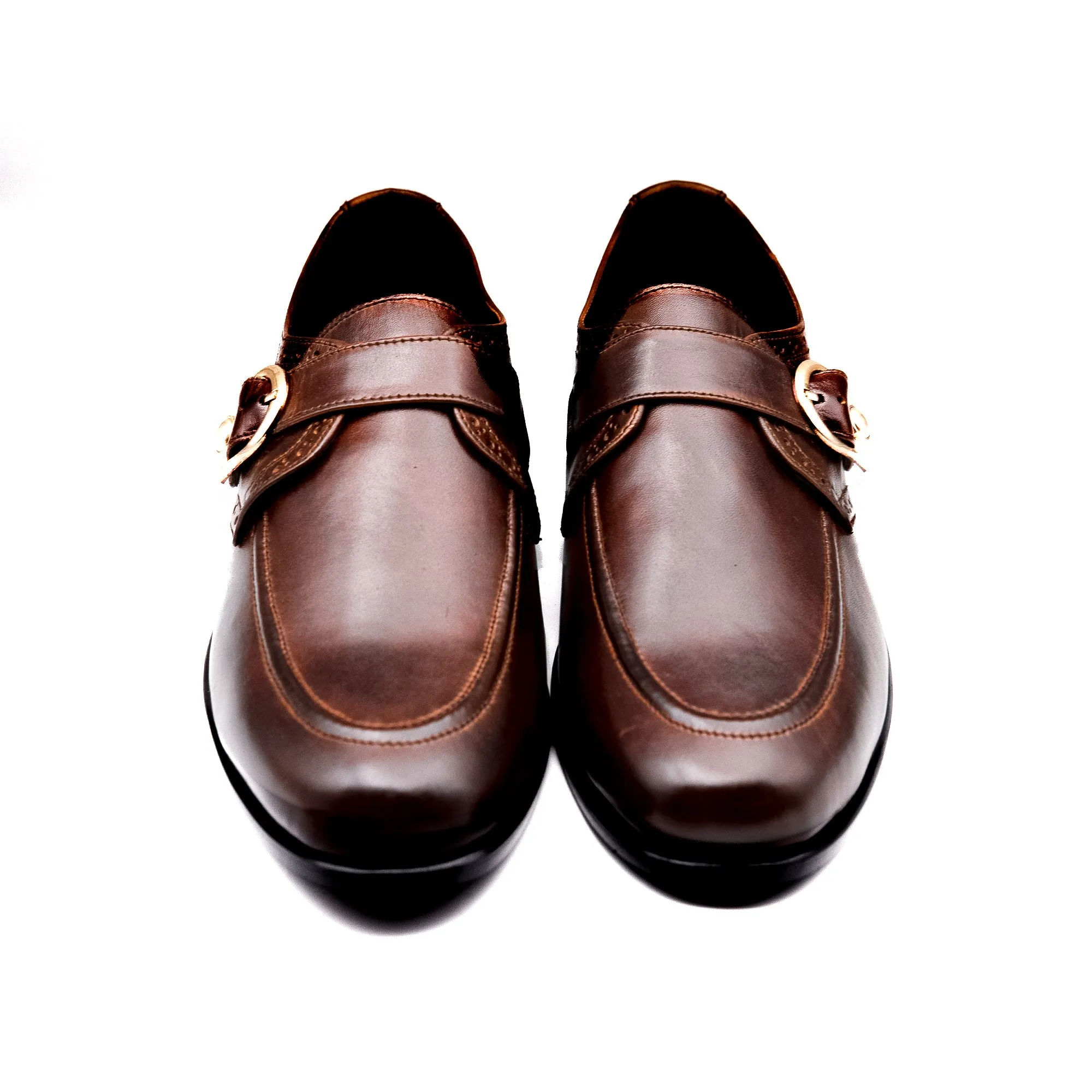 Brown Leather Engraved Monk Executive Shoes