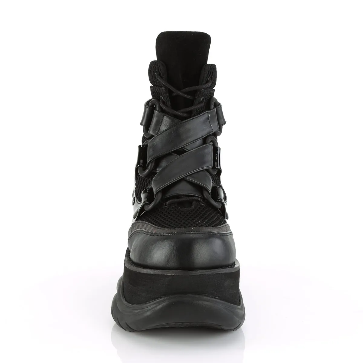 Demonia NEPTUNE-126 | Black Fishnet & Patent Leather Unisex Boots