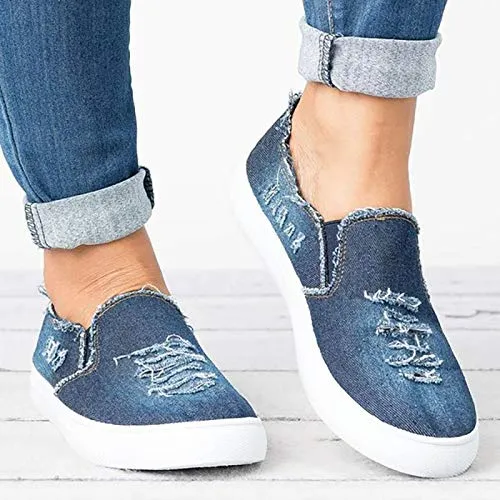 Girls Fashion Distressed Denim Rhinestone Embellished Casual Shoes Slip On Sneakers