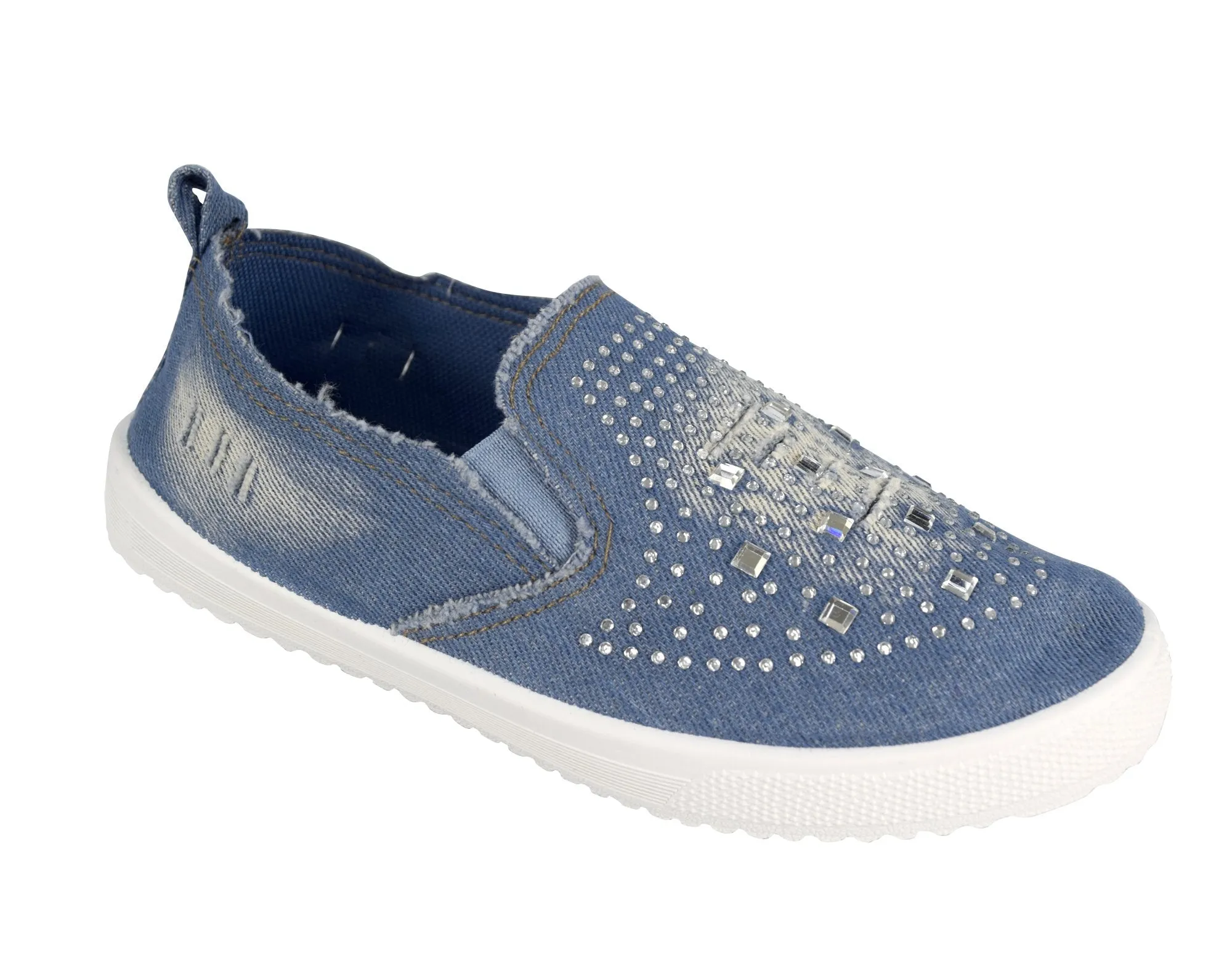 Girls Fashion Distressed Denim Rhinestone Embellished Casual Shoes Slip On Sneakers