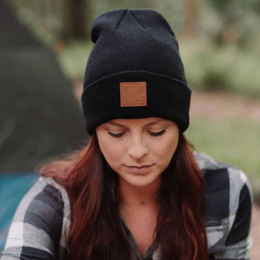 Leather Patch Cuffed Beanie - Black