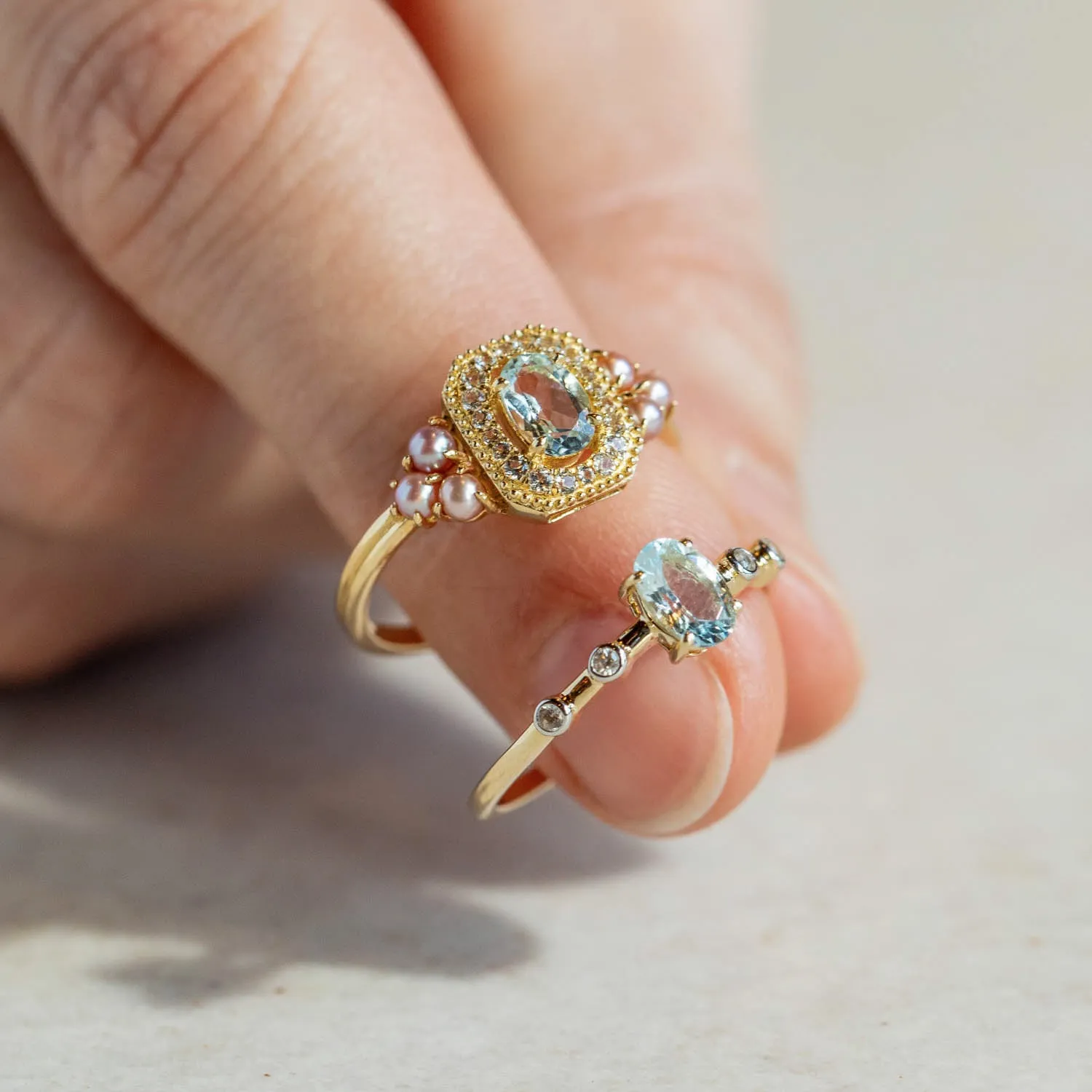 Solid Gold 2024 March Capsule Vintage Inspired Aquamarine Statement Ring