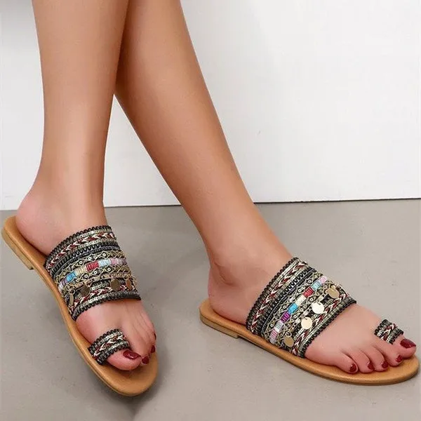 Women'S Bohemian Open Toe Flat Slides 56713018C